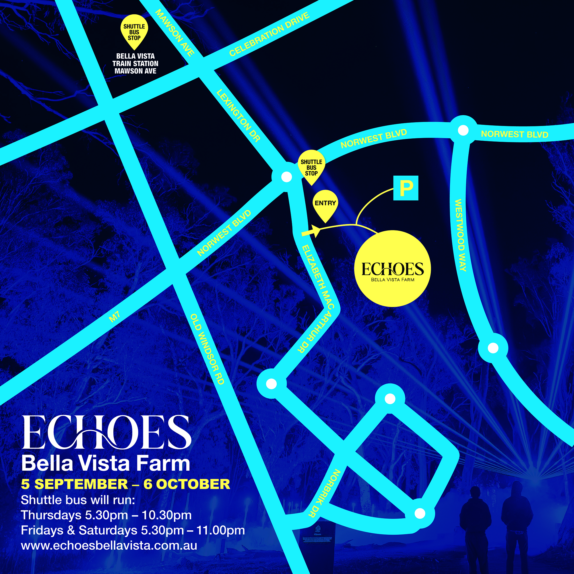Echoes Shuttle Bus and Parking Mud Map.